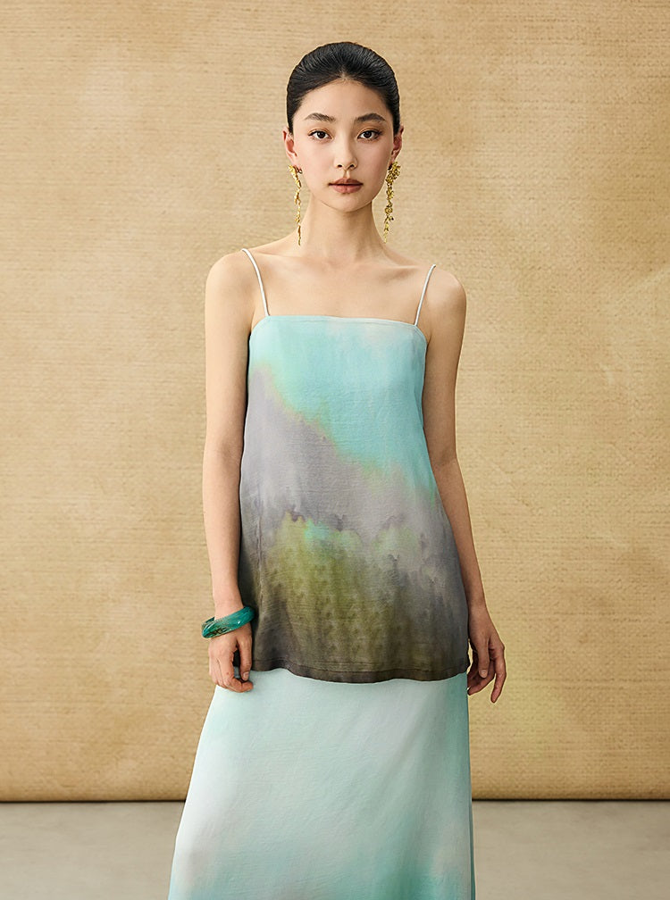 HECO Chinese Style Smudge Human Silk Camisole Cool and Breathable Seaside T - PALM.
