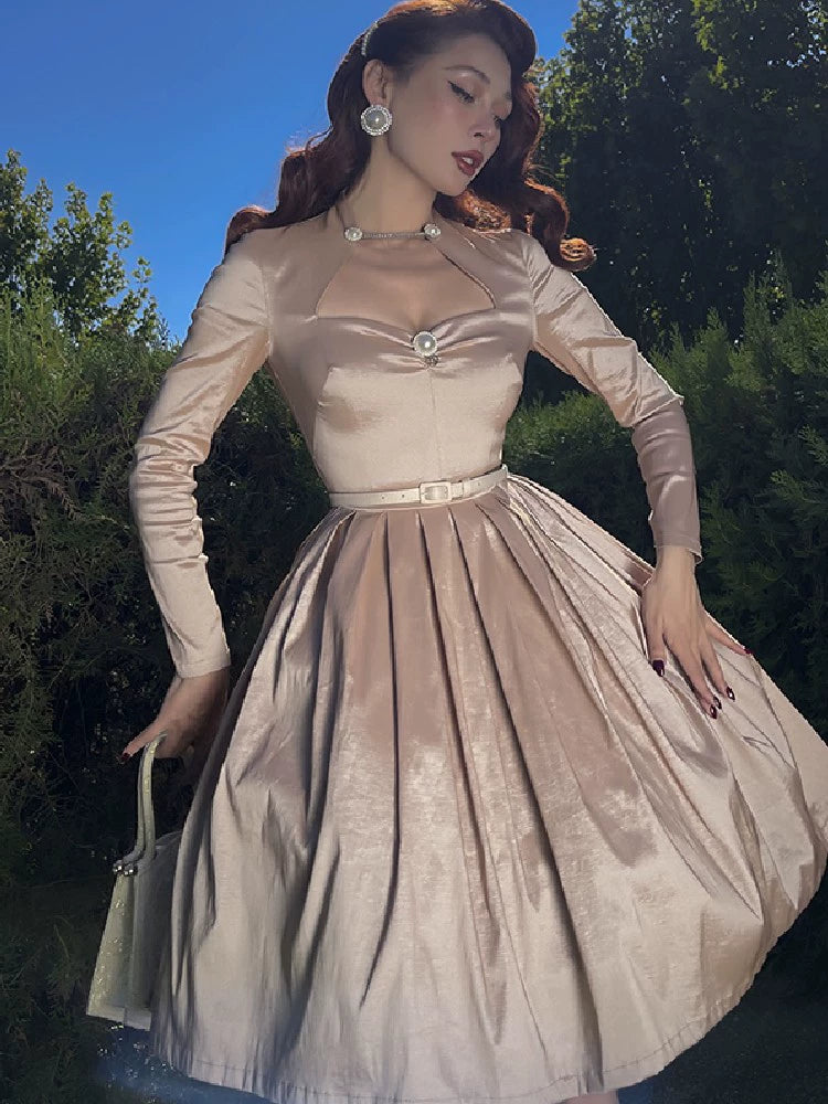 le palais vintage autumn and winter  flash diamond pearlescent long-sleeved slim tutu skirt-NINU