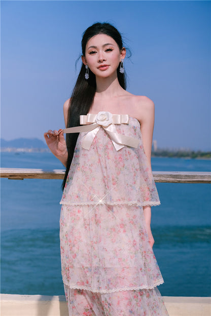 Wardrobes by Chen Luxury Floral Tube bow Maxi Summer Dress-Marilyn