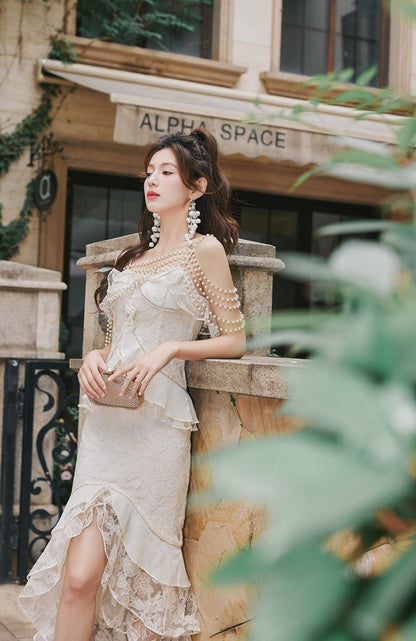 DOLLY Elegant French Style Cream Ruffled Lace Fake Two Piece Midi Dinner Dress-KAKA