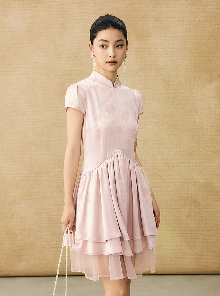 HECO Acetate Jacquard Midi Tiered Cap Sleeves Dress - HEART.