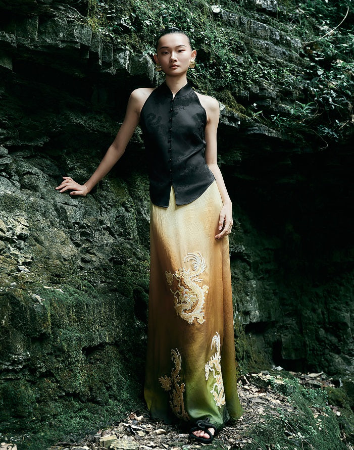 HECO Chinese blended gradient golden dragon embroidered straight skirt - RELY.