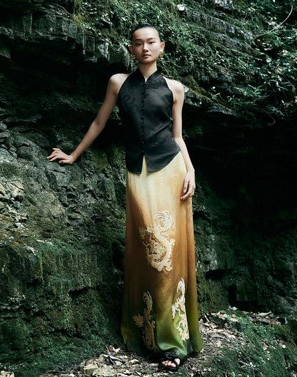 HECO Chinese blended gradient golden dragon embroidered straight skirt - RELY.