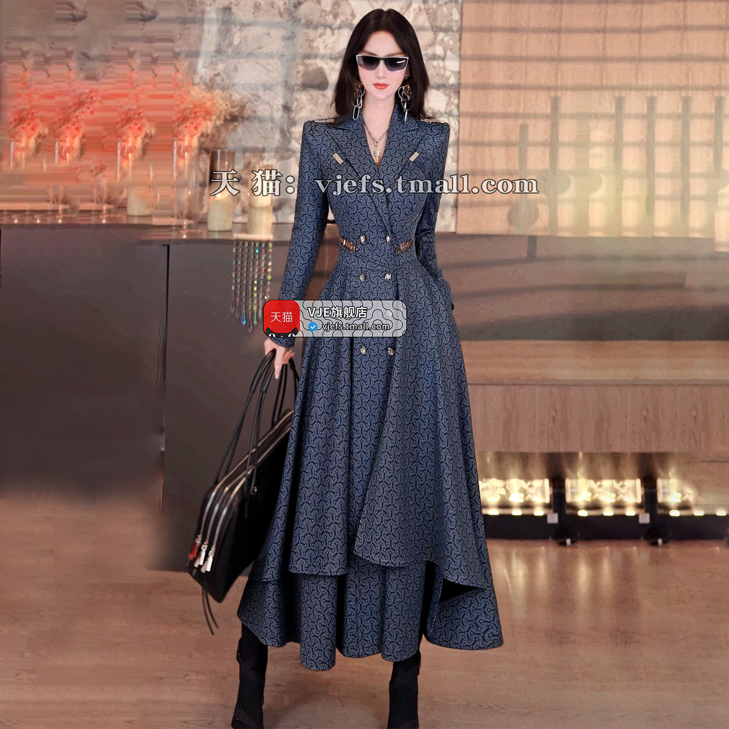 VJE Women's Printed Trench Coat Waist Double-breasted Jacket-JOJO.