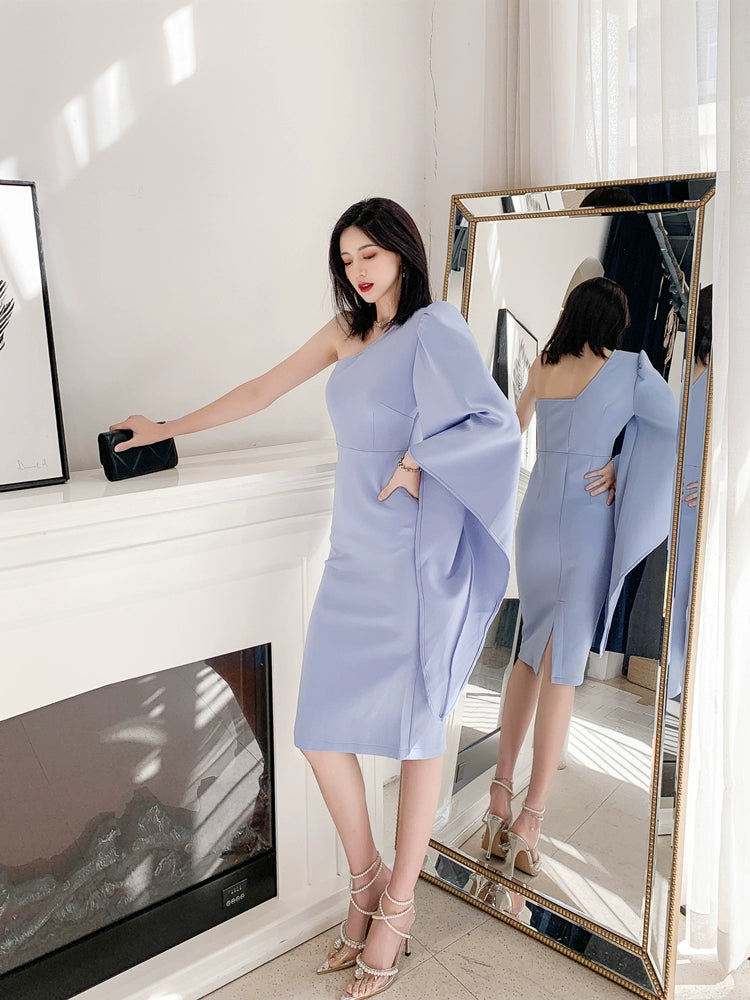 DOLLY Elegant One Shoulder Long Trumpet Sleeve Slim Fit Wedding Guest Dress-MALA