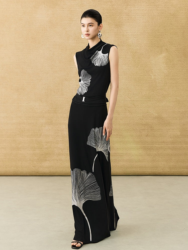 HECO Chinese draped skirt summer fashion ginkgo print skirt set - AFLORAL.