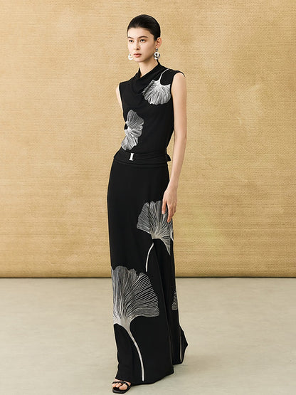 HECO Chinese draped skirt summer fashion ginkgo print skirt set - AFLORAL.