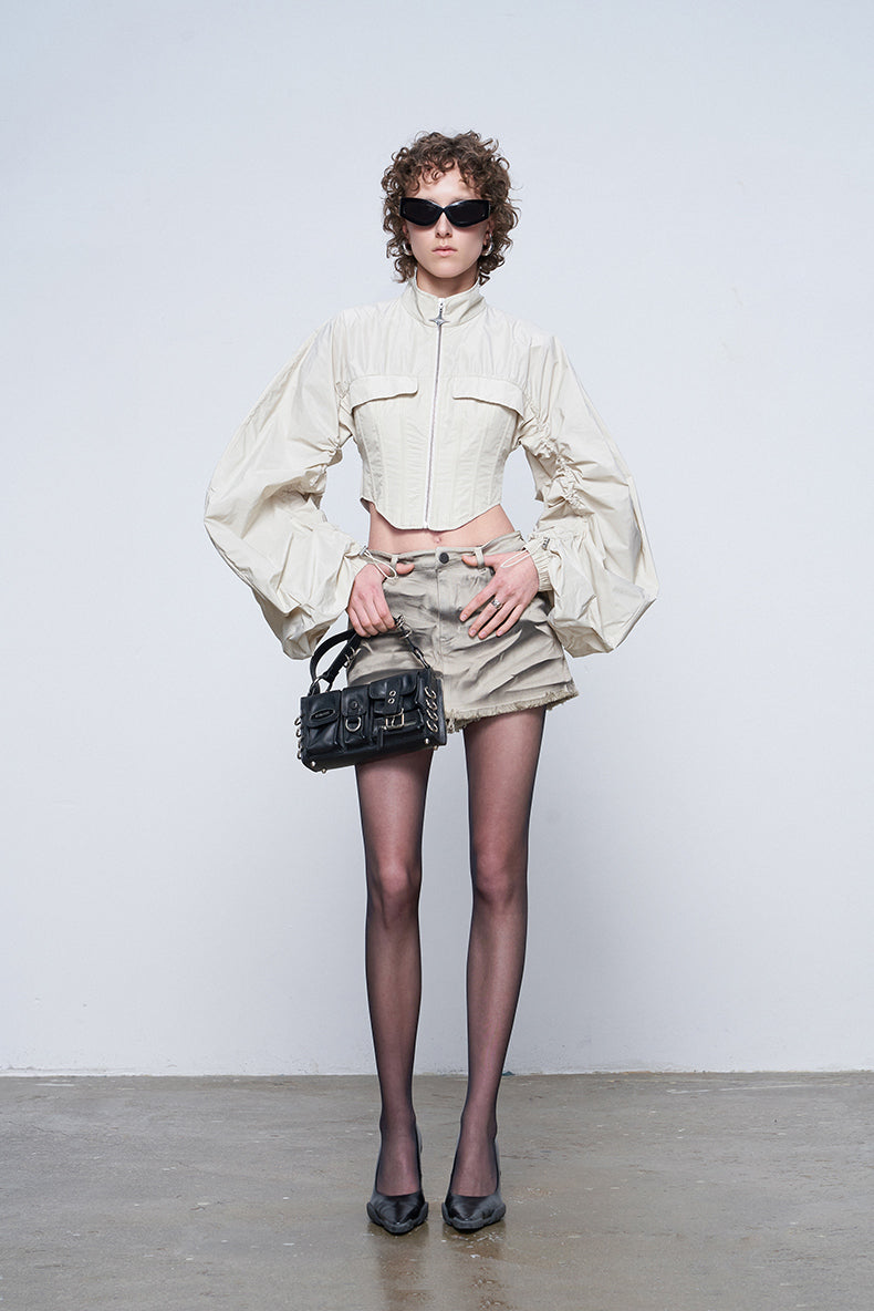 ANNAKIKI Futuristic herringbone shirred slim cropped jacket-KEANE