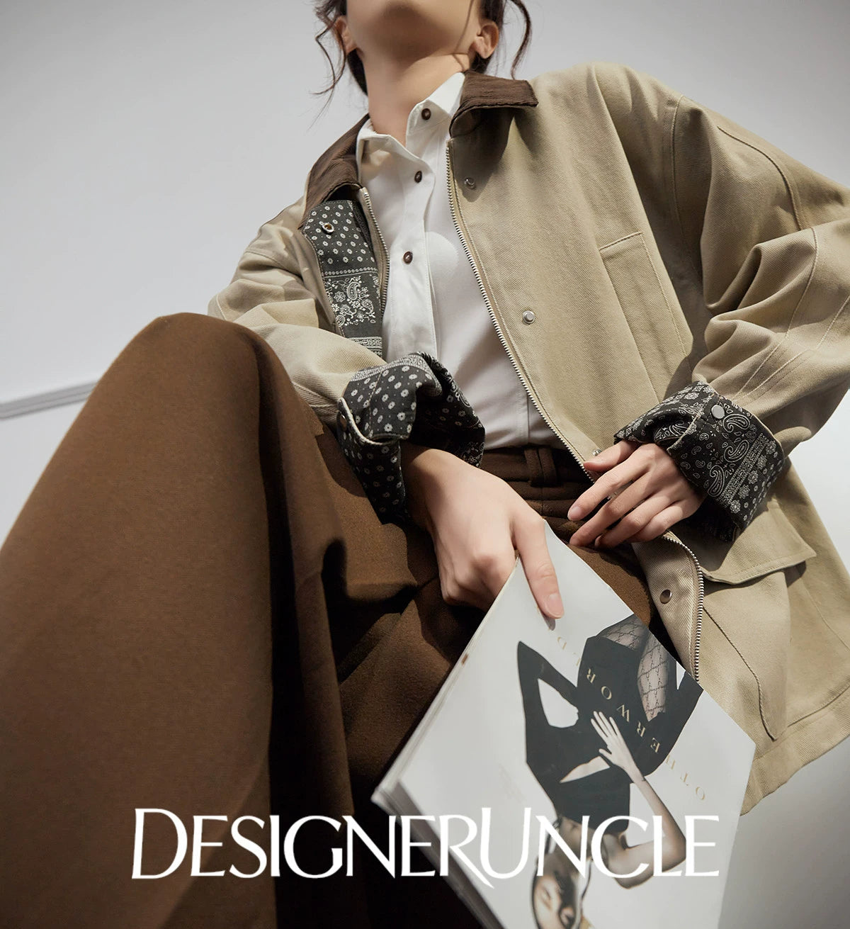 DGU "Mu Brown" retro khaki jacket retro loose slimming versatile top - Wilhelmina.