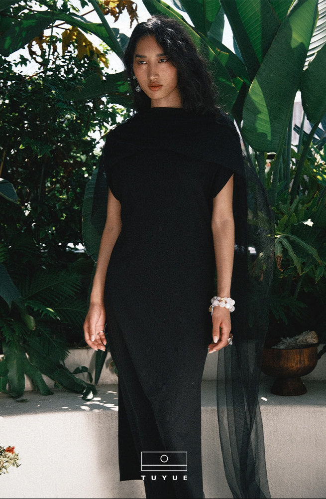 TUYUE black elegant slim trailing maxi side slit dress- TANE.