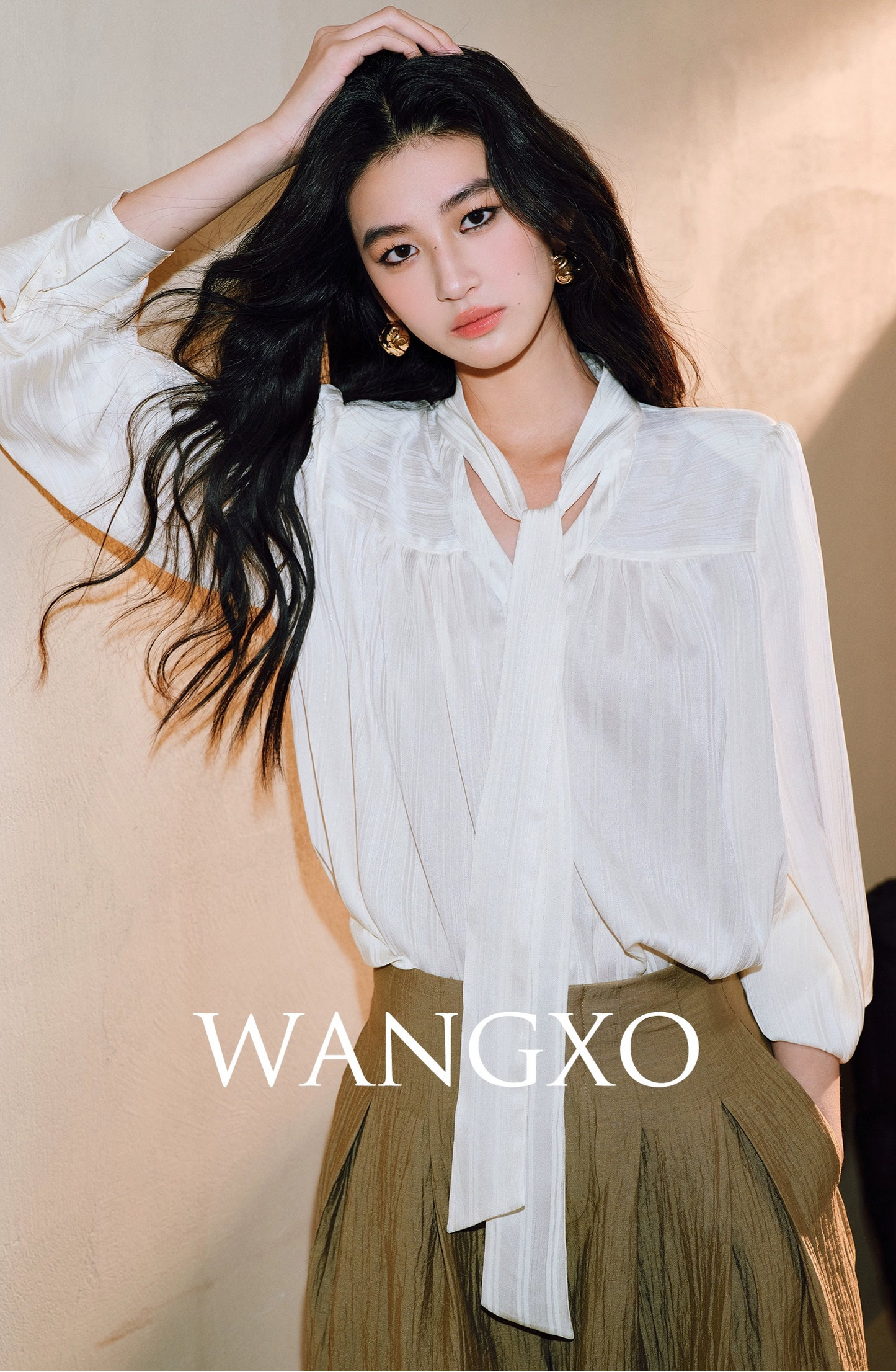 WANGXO Bright Silk Satin with 3D Drawstring Detail Temperament V-Neck - LENNA