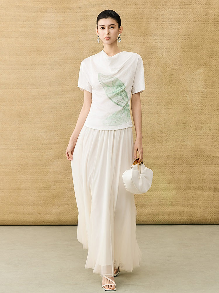 HECO Chinese Art Butterfly Print Swing Neck T-Shirt Waist Slim Top - CONJOR .