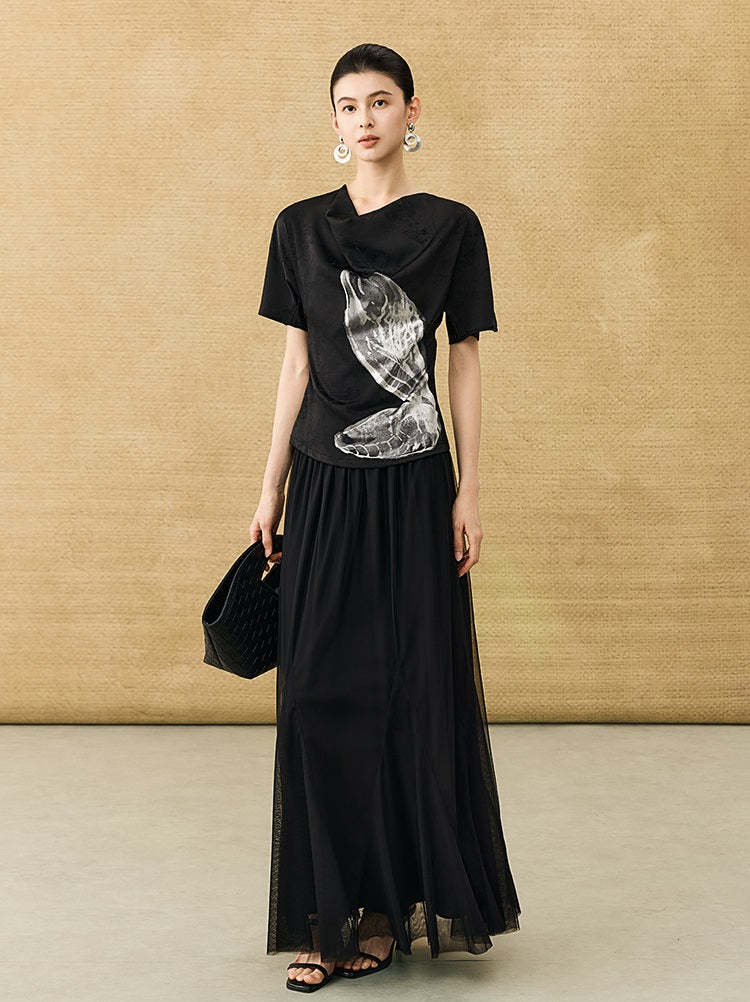 HECO Chinese Art Butterfly Print Swing Neck T-Shirt Waist Slim Top - CONJOR .