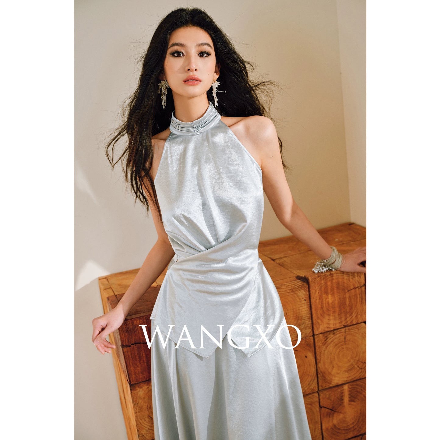 WANGXO | Pearl Lustrous Luxury Gilt Satin  Halterneck Folded Waist Top & High-Waisted Umbrella Skirt Set - ARIA