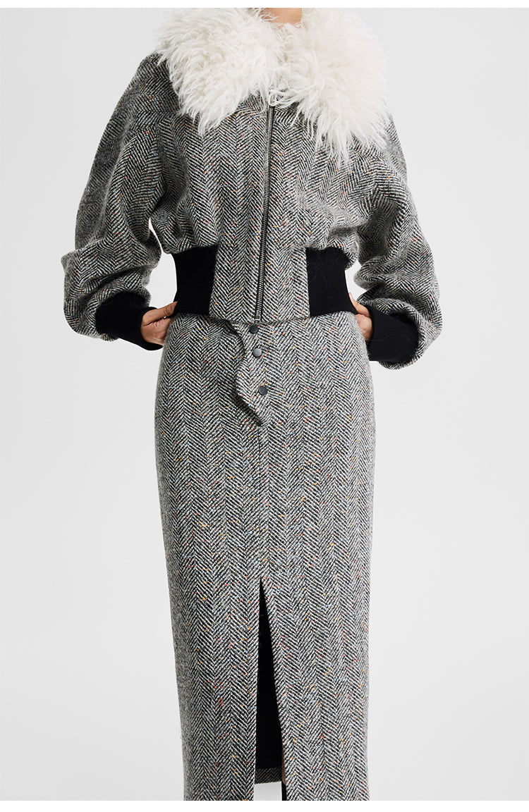 LEDIM W wool fur collar tweed cropped jacket SIll
