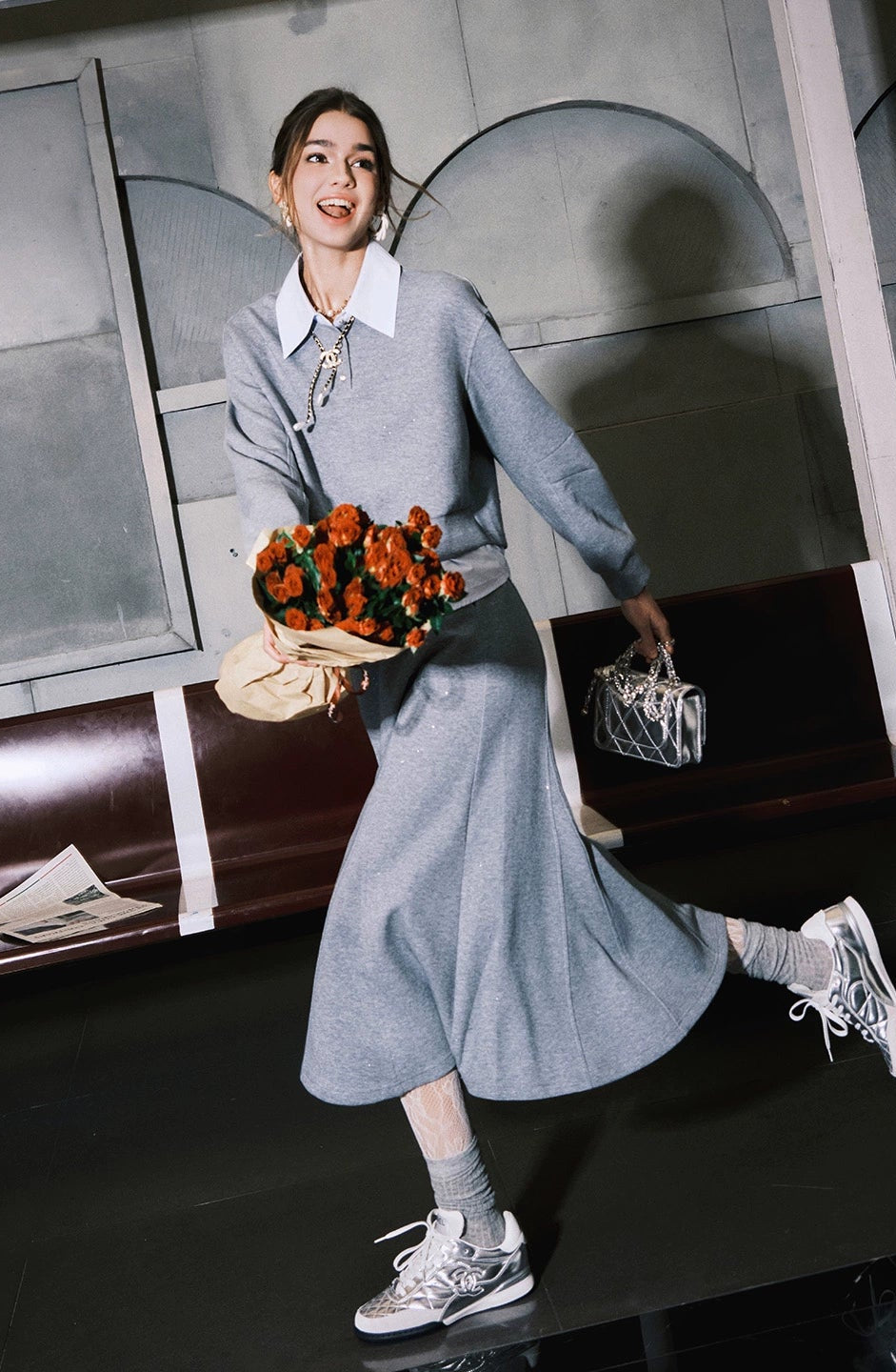 CHICHY Lazy Casual Gray Two-Piece Sporty Style Skirt-KILLUA