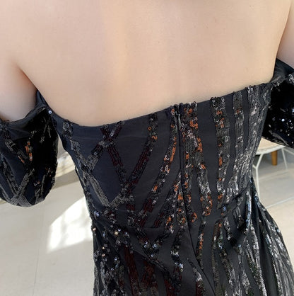 DOLLY High End Black Gold Chest Wrap Long Sleeve Off Shoulder Long Banquet Dress-KANTE