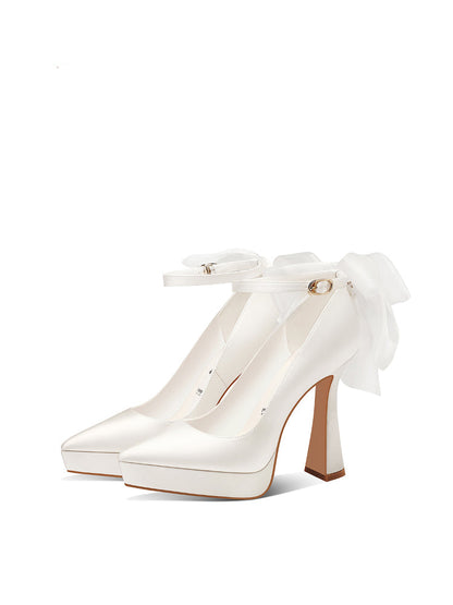 Pjjuu White Satin Wedding Block Heels  - TAKES