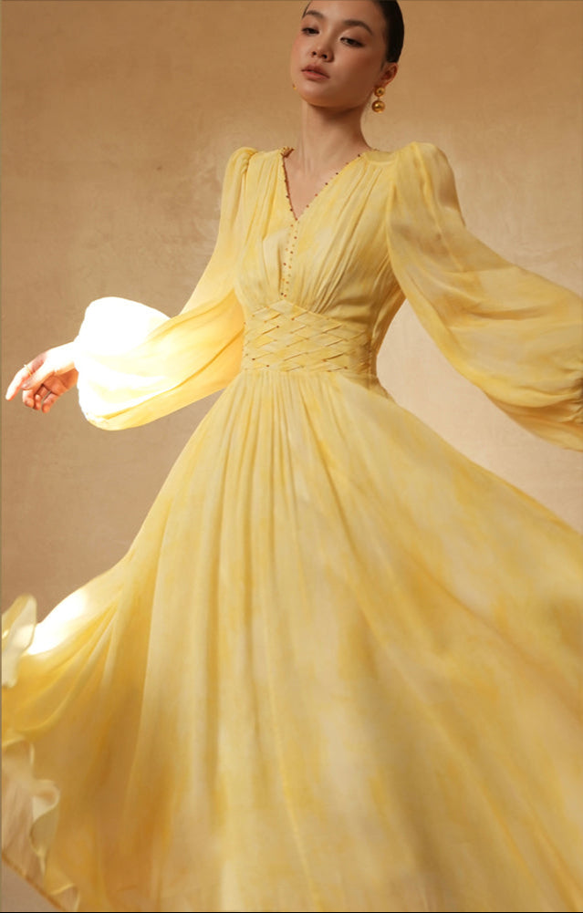 LE VENT&TES AILES 100% Silk French Haute Smudge V-Neck midi yellow Dress - FAYE