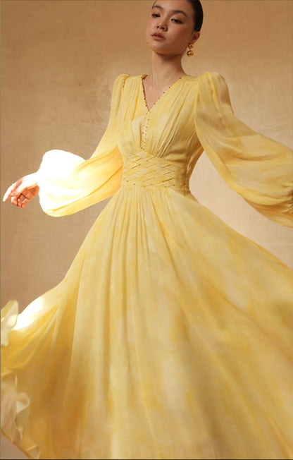 LE VENT&TES AILES 100% Silk French Haute Smudge V-Neck midi yellow Dress - FAYE