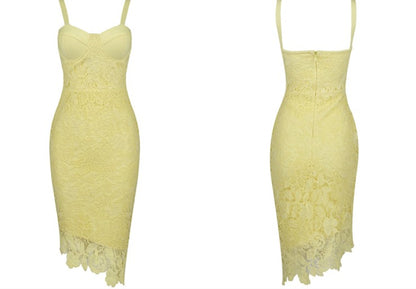 DOLLY Luxury Yellow V-Neck Sleeveless Slim Fit Lace Suspender Dress-TANYA