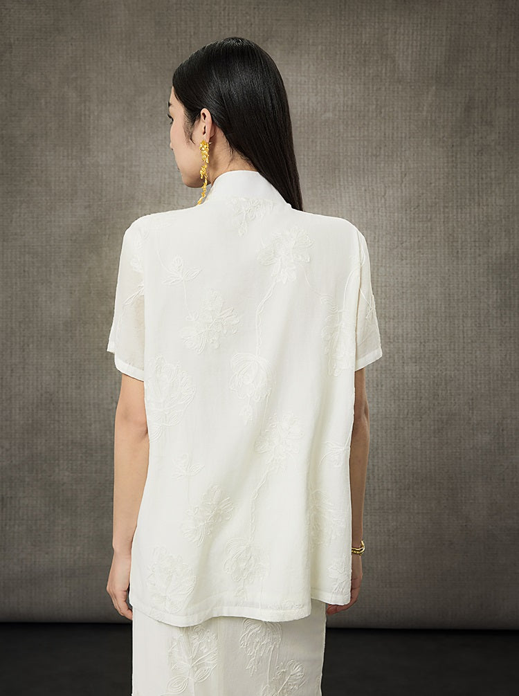 HECO Short Sleeve Mandarin Neckline Loose Summer Top - CENTER.