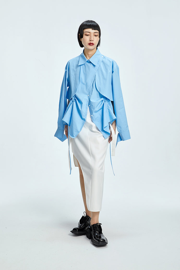 TINY IN  two irregular drawstrings waist cinching blue white shirts-DANTE