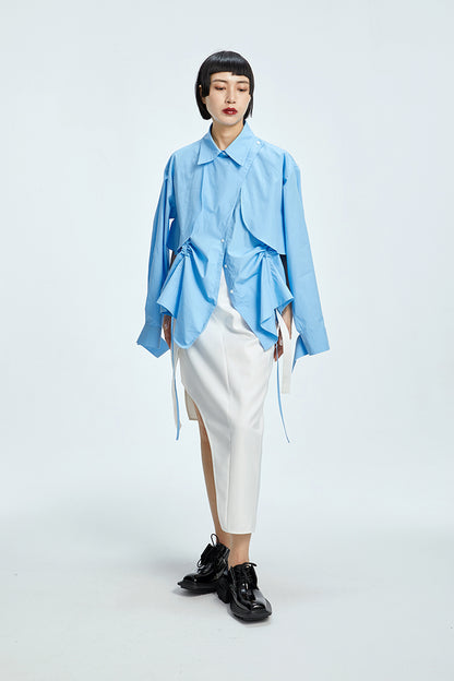 TINY IN  two irregular drawstrings waist cinching blue white shirts-DANTE