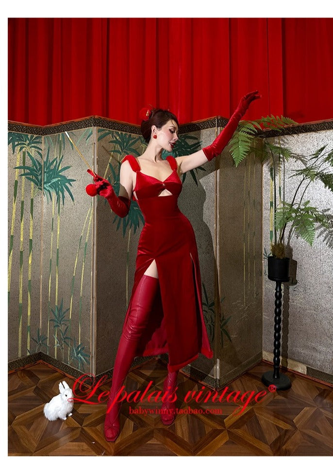 Le Palais Vintage's red fur slit slip dress Le Palais Vintage's red fur slit slip dress