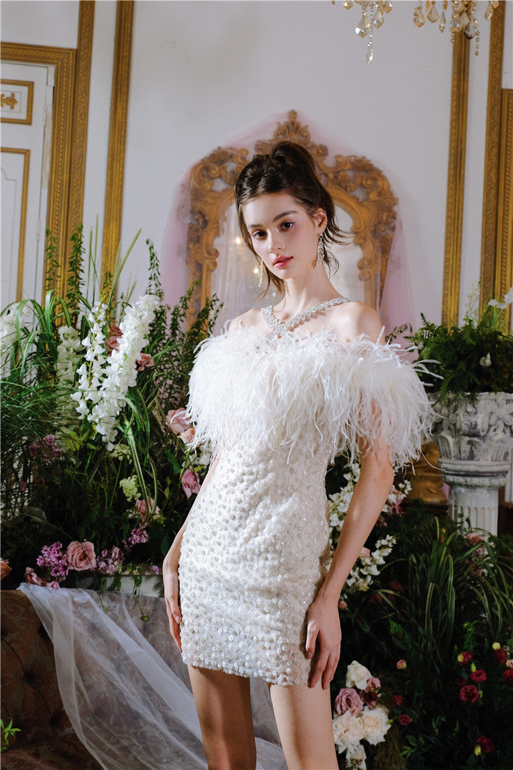 Wardrobes by Chen Luxury Off White Off Shoulder Feather Short Mini Party Dress-Genny