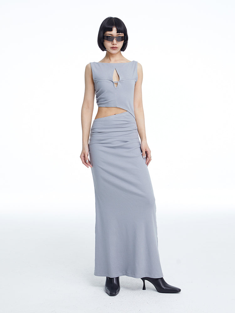 TINY IN knitted faux two-piece women's pleated long dress -CHARMY