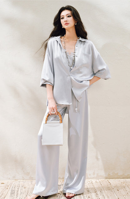 WANGXO | Hemp-Textured Acetate Satin  ight Luxury Lace Suspender, Shirt & Trousers Three-Piece Set- SARI