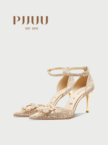 PJJUU beautiful square buckle rhinestone high heel shoes - QUEEN.