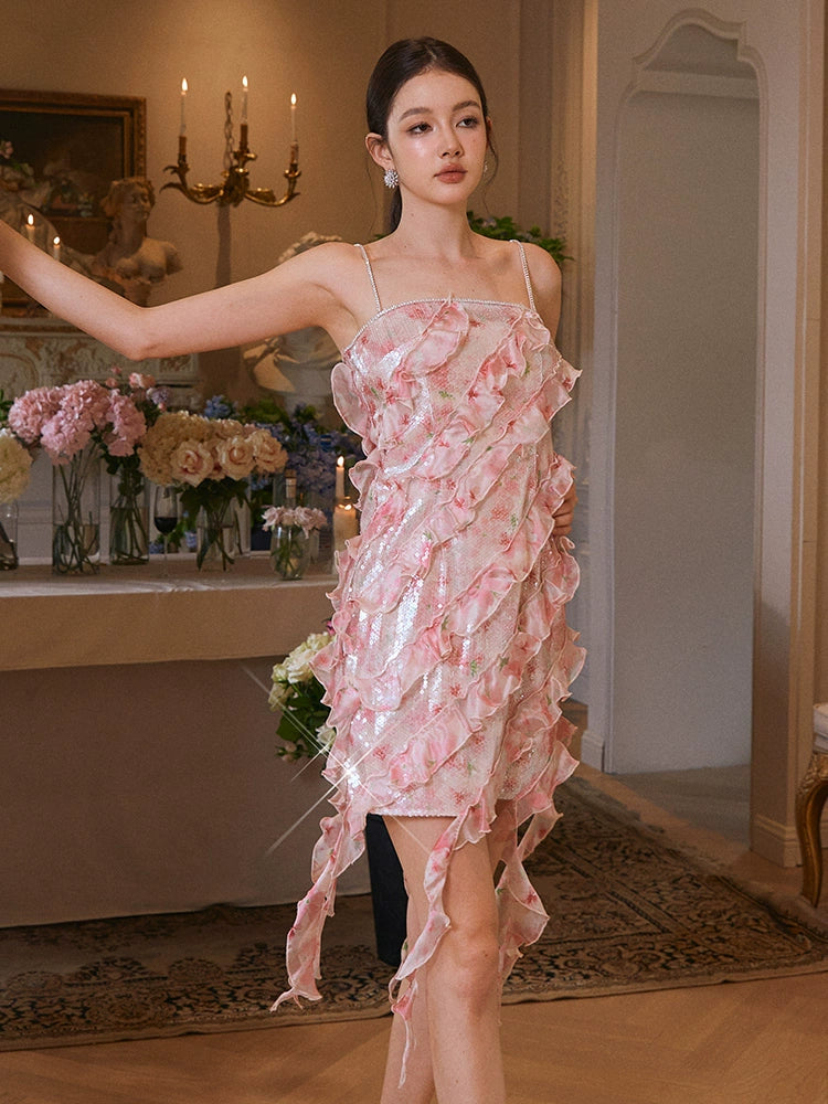 Wardrobes by Chen Luxury Crimson Sleeveless Flower Print Short Dress-Fuu