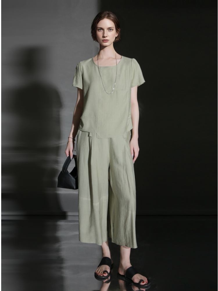 PIAOIN textured linen silk loose wide-leg cropped pants set summer-GISELLE.