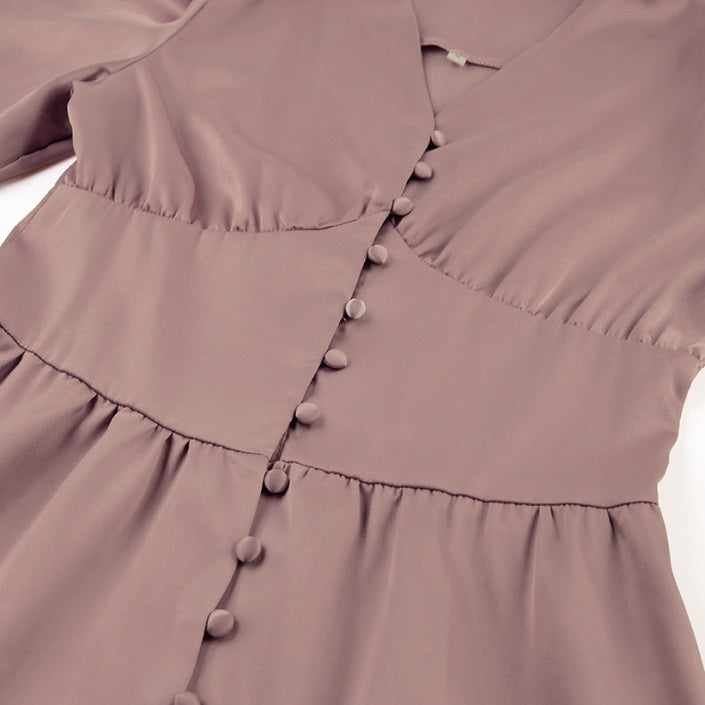 DOLLY Elegant V-Neck Long Lantern Sleeve Long Button Church Dress-NANA