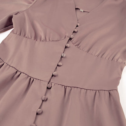 DOLLY Elegant V-Neck Long Lantern Sleeve Long Button Church Dress-NANA