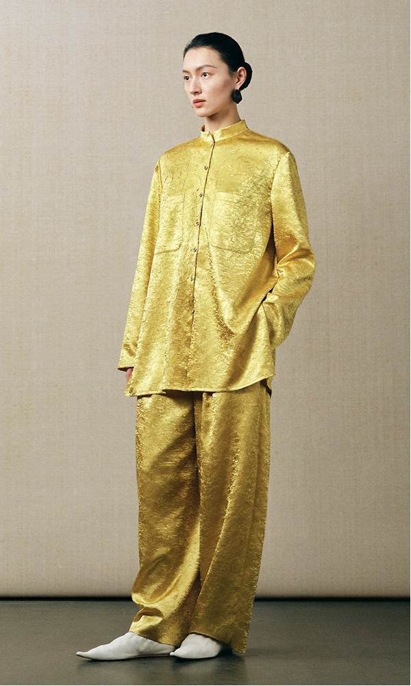 ZHUCHONGYUN loose tapered gold wrinkled satin trousers and top set--RIRI