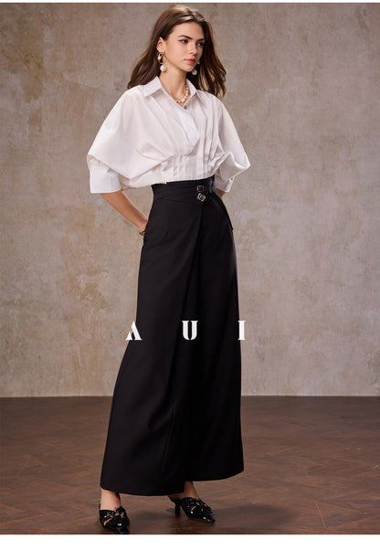 AUI design sense irregular polo collar blue shirt long sleeve top - RESORT.