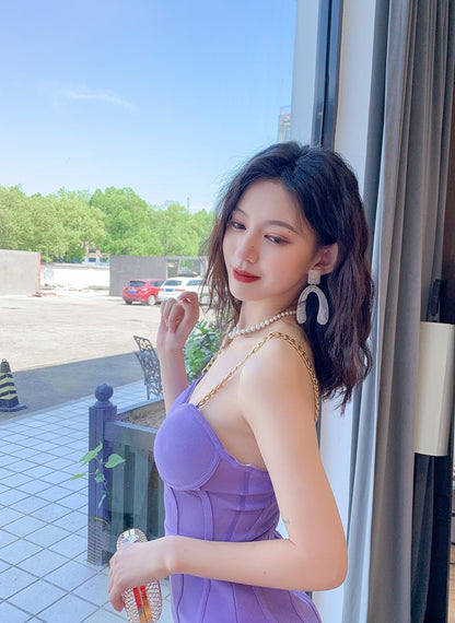 DOLLY Elegant Purple Sleeveless Corset Backless Hip Wrap Mesh Party Dress-BABA