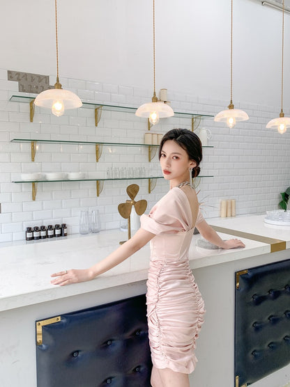 DOLLY Elegant V-Neck Short Sleeve Tube Top Slim Fit Pleated Short Date Dress-LITA