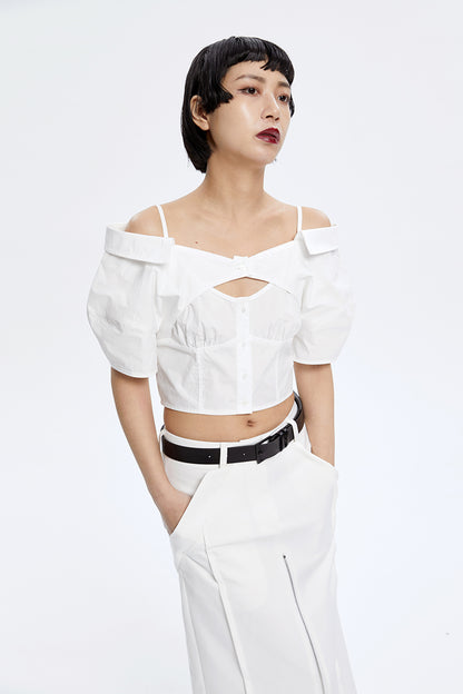 TINY IN stitched off-the-shoulder cut-out ultra-cropped women's shirts- CART