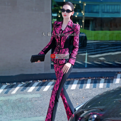VJE Jacquard Suit Micro Flared Pants Two-Piece Set Slim OL Suit-NAMS.