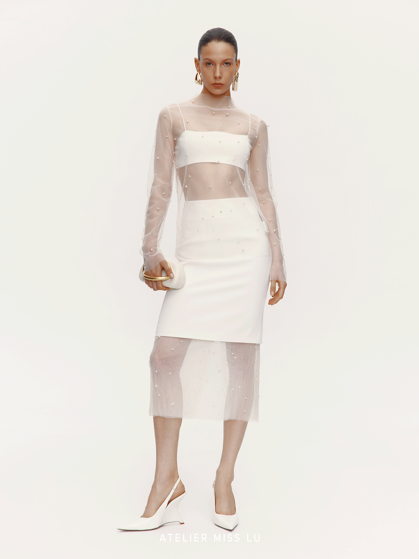 ATELIER MISS LU Pearl Embellished Gauze Spliced Straight Skirt - DRY.