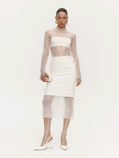 ATELIER MISS LU Pearl Embellished Gauze Spliced Straight Skirt - DRY.