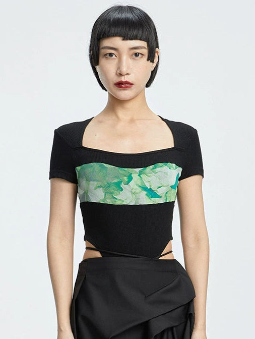 Tiny in printed bodysuit women's short sleeve black leotard-OSCAR