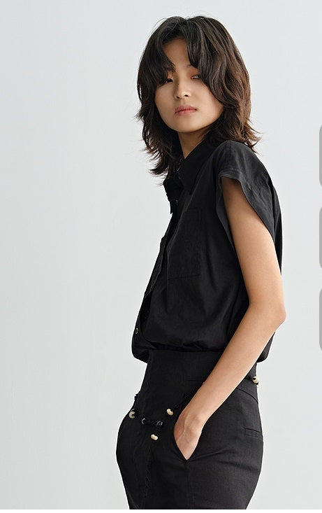 COMME MOI Summer Casual Black Small Cap Sleeve Straight Shirt - SALEM.