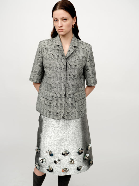 SERRER Black & White Textured Short Sleeve Blazer - EMMA.