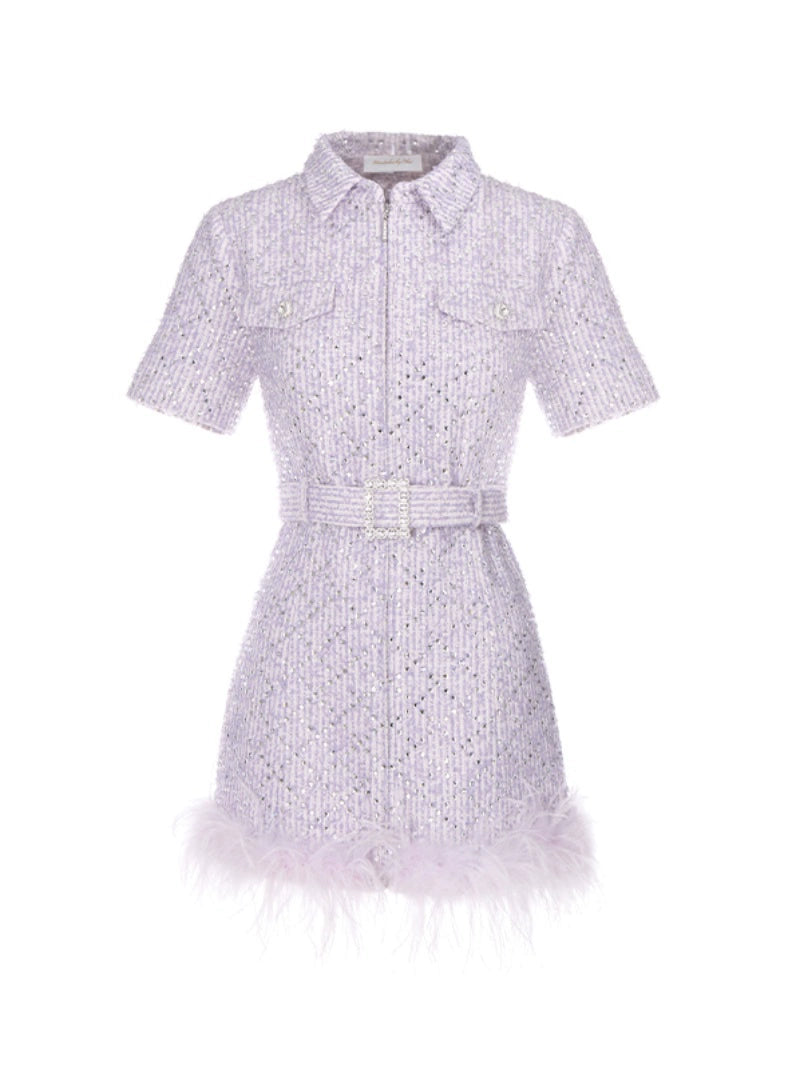 Wardrobes by Chen Elegant Purple Polo Collar Short Sleeve Feather Dress- Boa