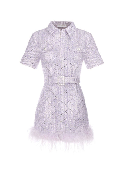 Wardrobes by Chen Elegant Purple Polo Collar Short Sleeve Feather Dress- Boa